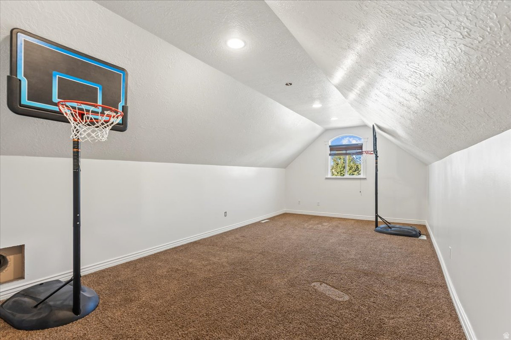 Additional living space featuring a textured ceiling, carpet flooring, and lofted ceiling