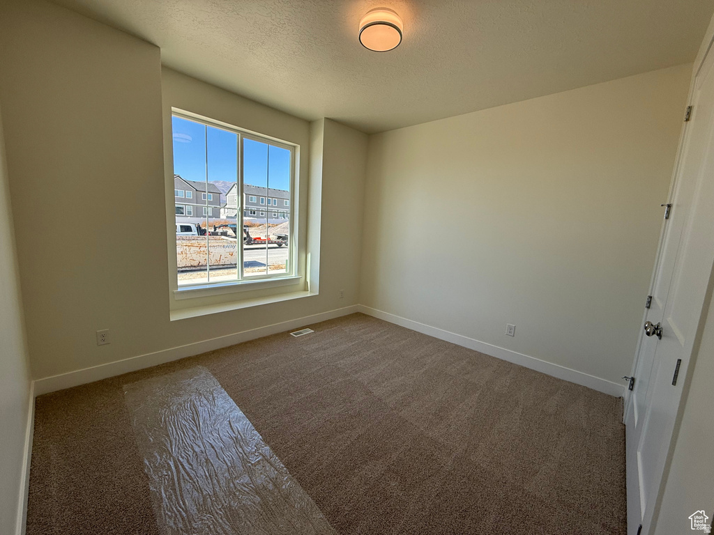 Unfurnished room featuring carpet floors and a textured ceiling