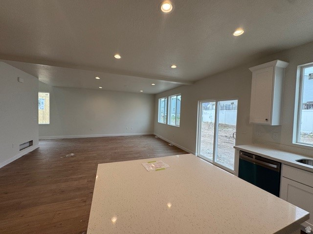 Kitchen featuring white cabinets, recessed lighting, healthy amount of natural light, dark wood-type flooring, and dishwashing machine