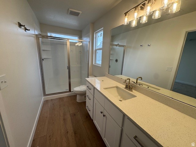 Full bath featuring dark wood-type flooring, a shower stall, and vanity