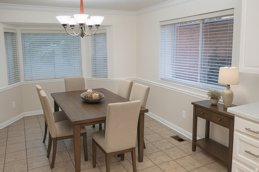 Dining space with light tile patterned floors, crown molding, and a chandelier