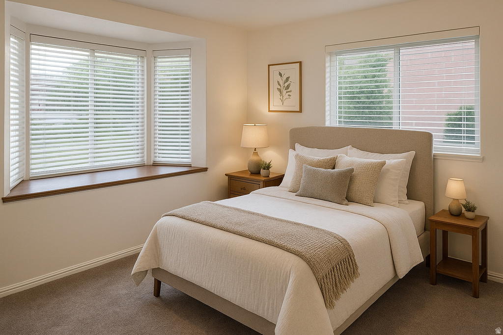 Bedroom with carpet flooring and baseboards