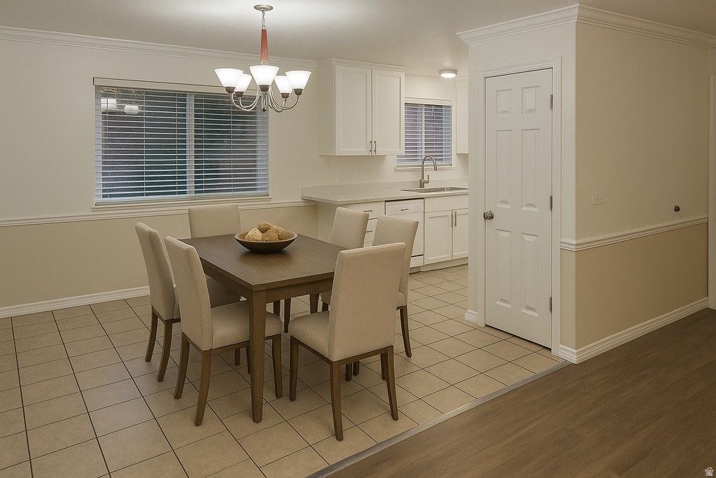 Dining area featuring crown molding, light tile patterned floors, and a chandelier