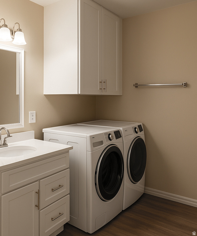 Laundry room featuring dark wood-style flooring and washer and clothes dryer