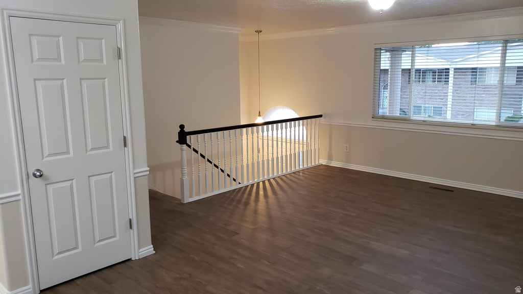 Hall featuring dark wood-style floors and ornamental molding