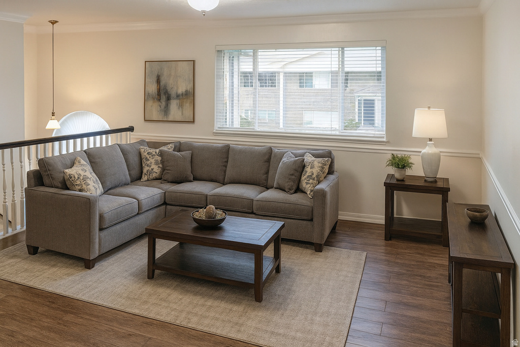 Living room featuring ornamental molding and wood finished floors