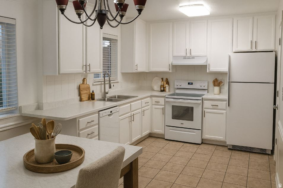Kitchen featuring white appliances, backsplash, light countertops, light tile patterned floors, and white cabinets