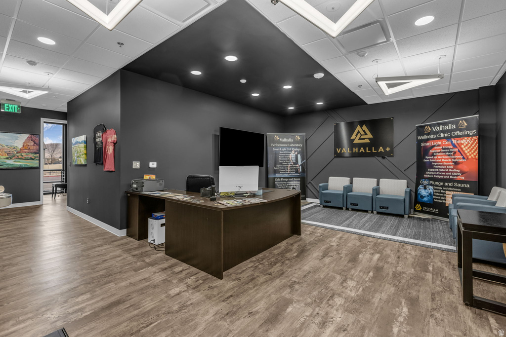 Office area featuring a paneled ceiling