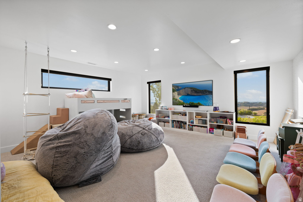 Living area featuring carpet flooring and recessed lighting