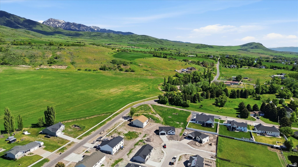 Expansive green fields bordering a residential area with varied home styles, featuring mountainous terrain in the background under a clear sky