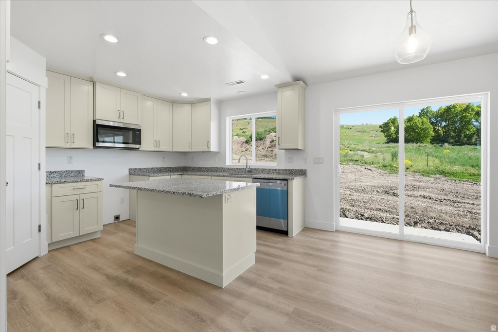 Contemporary kitchen featuring light wood-finish flooring and a central island