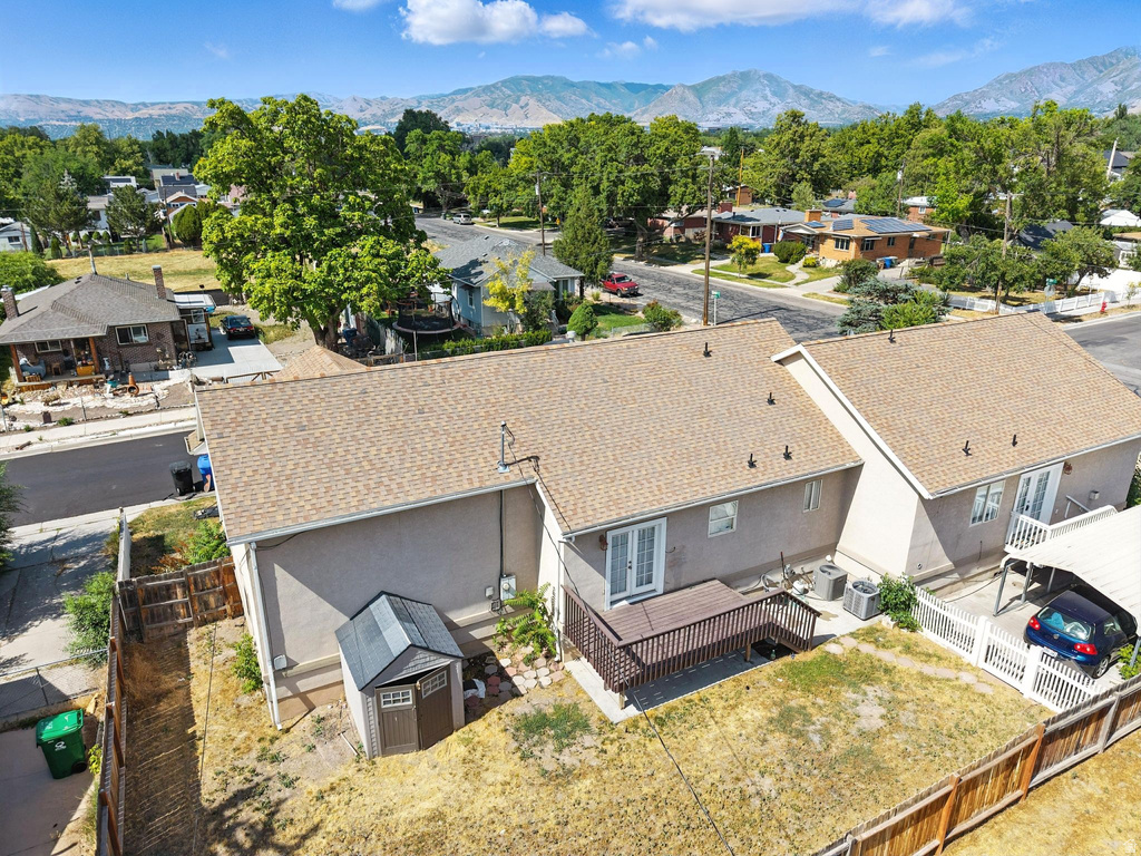 Aerial view of residential area with mountains