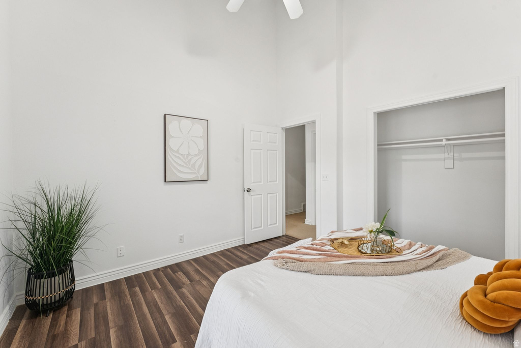 Bedroom with wood finished floors, a high ceiling, a ceiling fan, and a closet