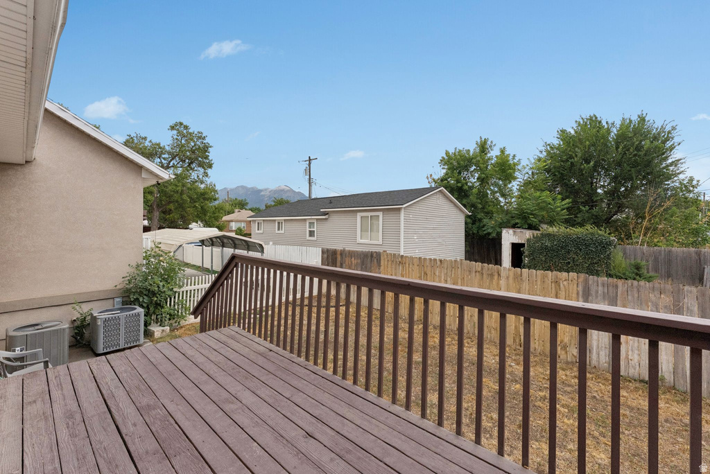 Wooden deck with a fenced backyard