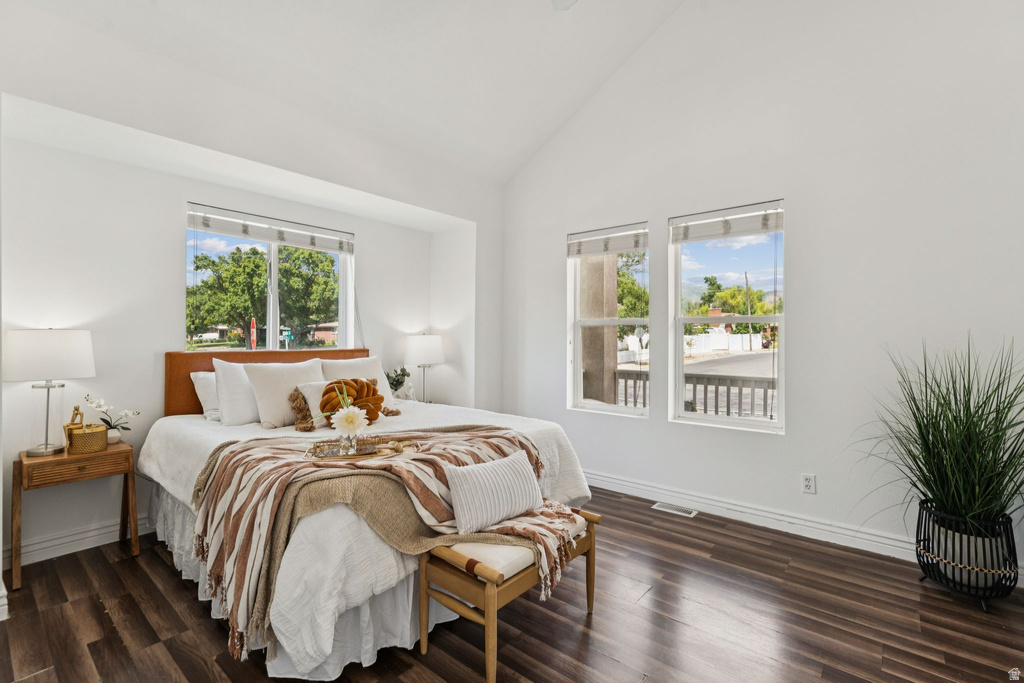 Bedroom featuring lofted ceiling, dark wood-style floors, and multiple windows