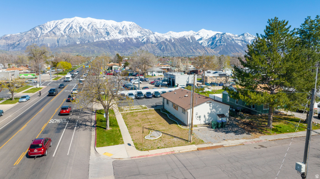 Aerial view of residential area with mountains