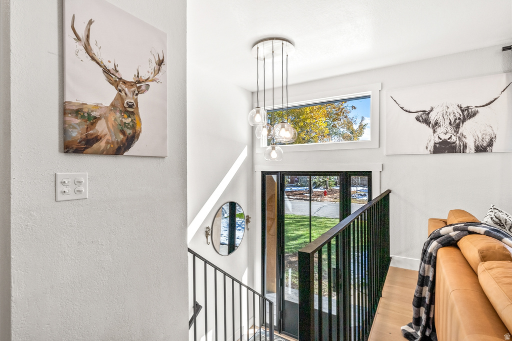 Foyer with wood finished floors and a high ceiling
