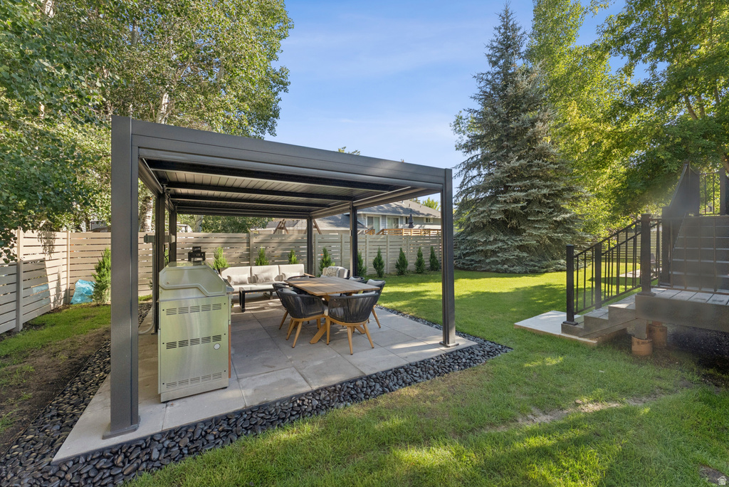 Fenced backyard featuring an outdoor living space and a patio