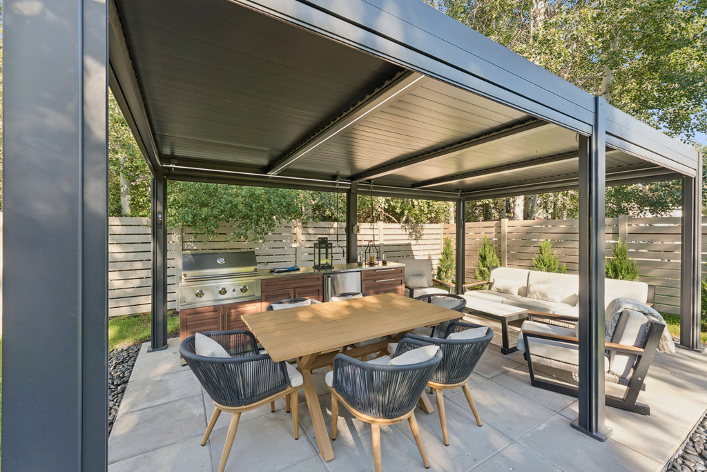 Fenced backyard with outdoor lounge area, a patio area, and area for grilling