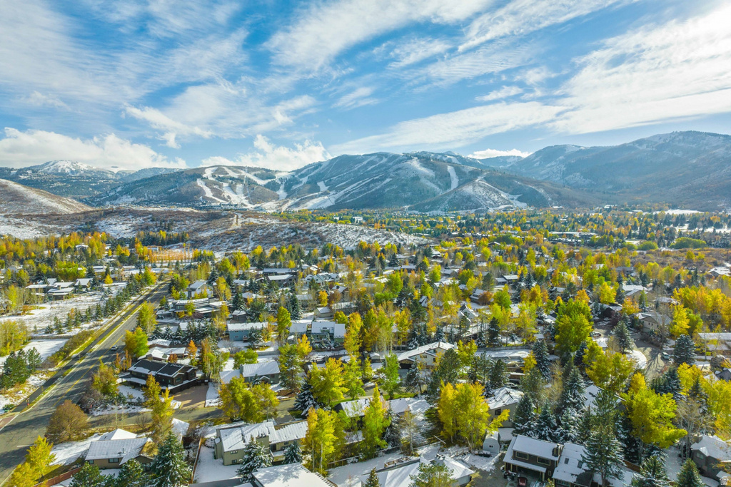 Aerial perspective of suburban area featuring a mountain backdrop