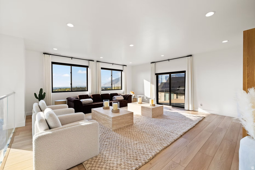 Living room featuring light wood-style floors and recessed lighting