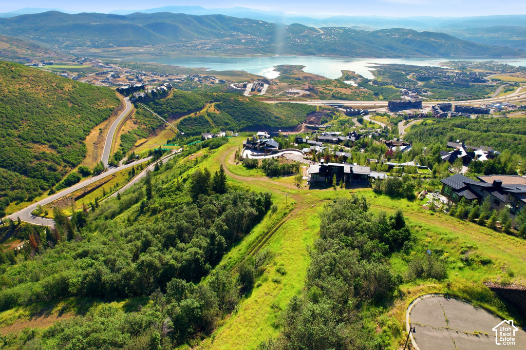 Expansive hillside setting with abundant greenery and distant water features, featuring a paved roadway and a cluster of residences