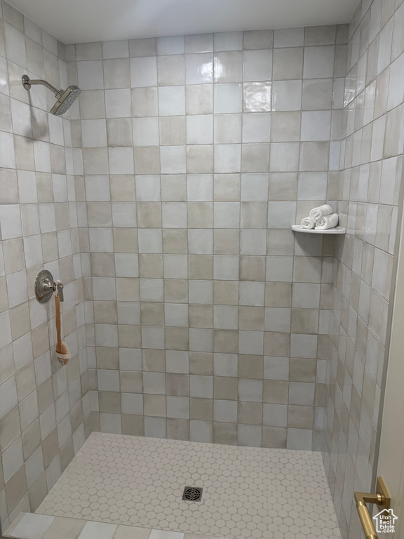 Walk-in shower featuring square wall tiles, hexagonal floor tiles, a built-in shower shelf, and a brushed nickel shower head