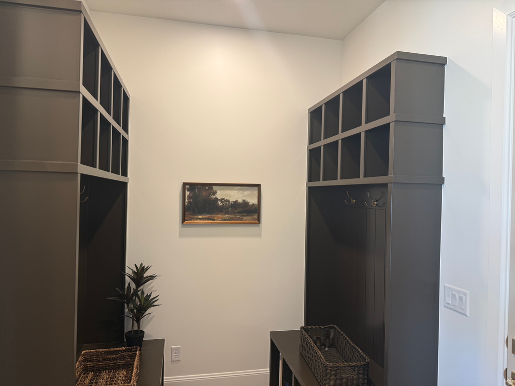 Built-in cabinetry with cubby storage and coat hooks