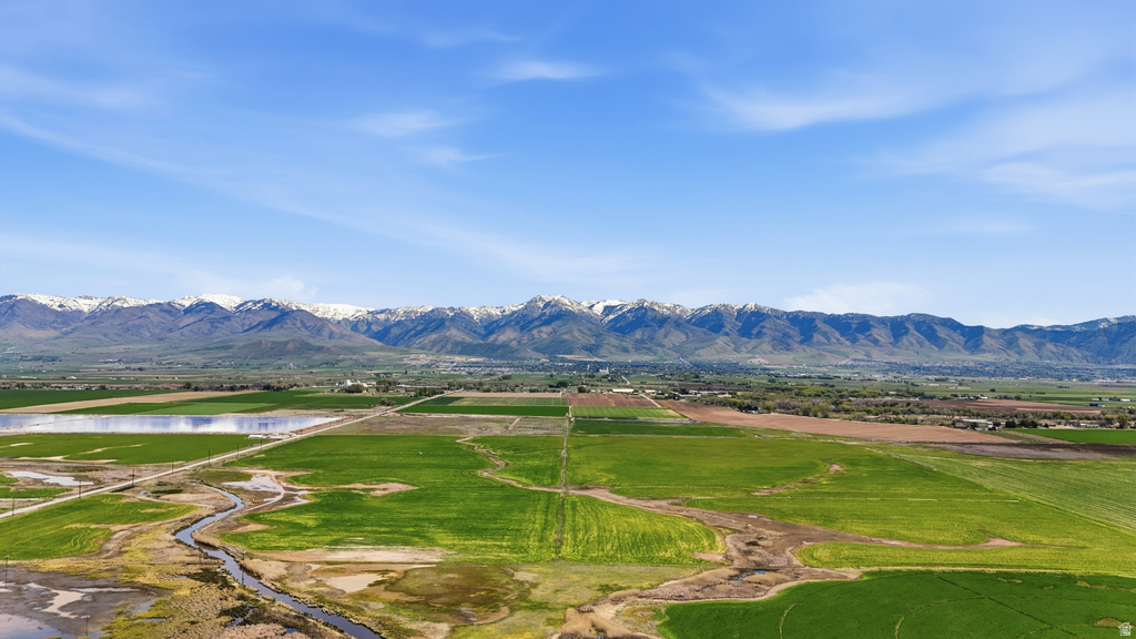 Expansive agricultural landscape featuring irrigated fields and a winding waterway