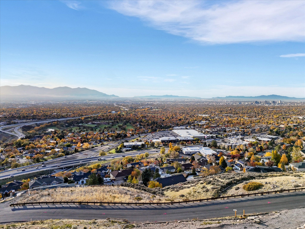 Aerial perspective of suburban area with a mountain backdrop