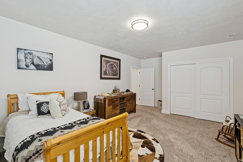 Bedroom with a closet and light carpet