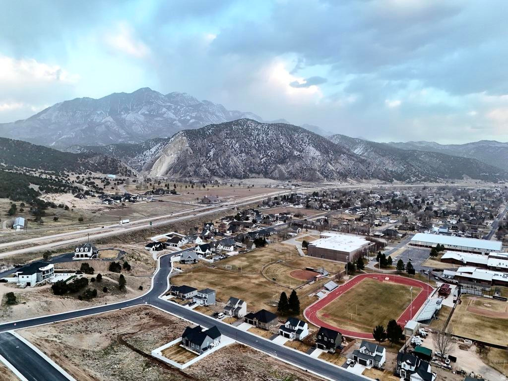 Aerial view of residential area with mountains