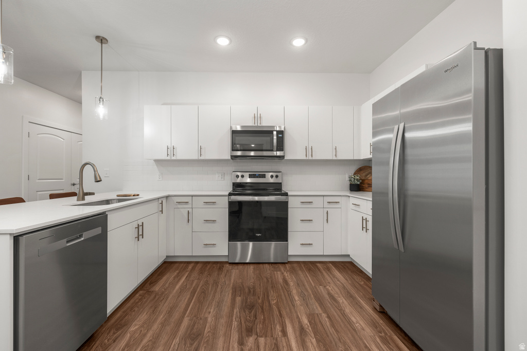 Kitchen with stainless steel appliances, a peninsula, dark wood-style floors, and white cabinets