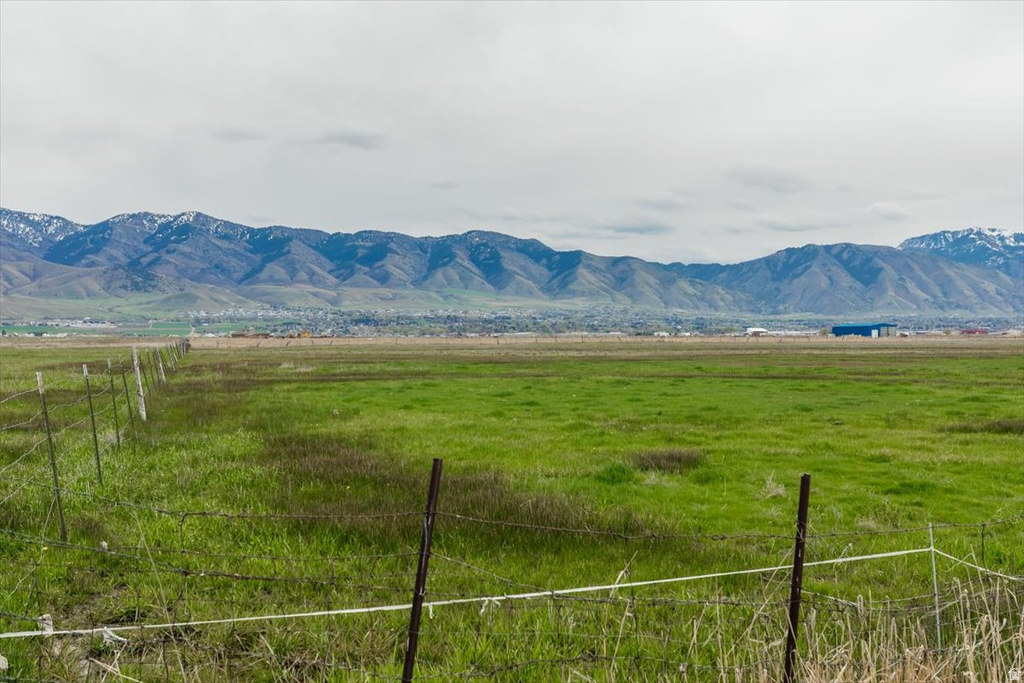 View of mountain backdrop with rural landscape and agricultural land