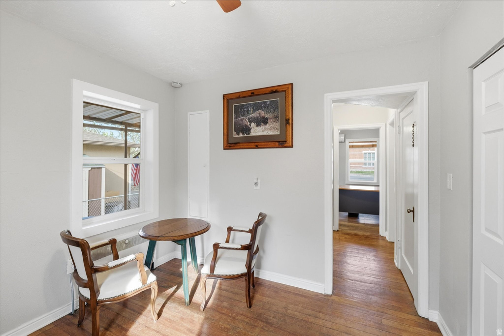 Sitting room with wood-type flooring and a ceiling fan