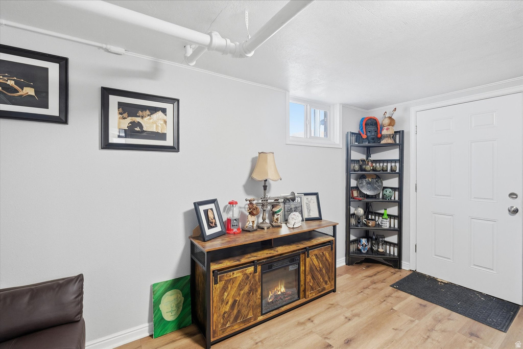 Foyer entrance with light wood-style flooring and baseboards