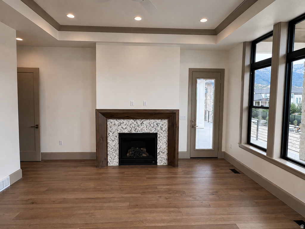 Recessed lighting with a tray ceiling, wood-finish flooring, built-in fireplace with a stone surround and wood mantle, and large windows with black frames