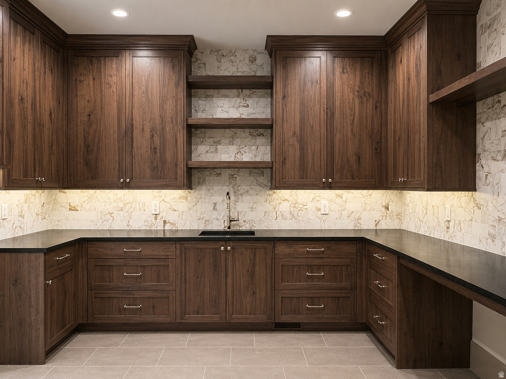 Dark wood-finish cabinetry with crown molding, stone tile backsplash, undermount sink with a pull-down faucet, recessed lighting, and tile flooring