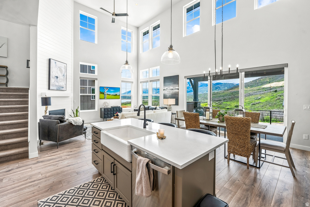 Kitchen with open floor plan, decorative light fixtures, stainless steel dishwasher, and light wood finished floors