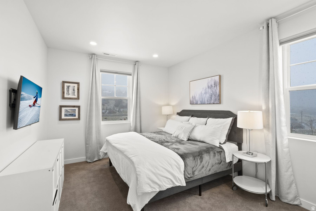 Bedroom with dark colored carpet and recessed lighting