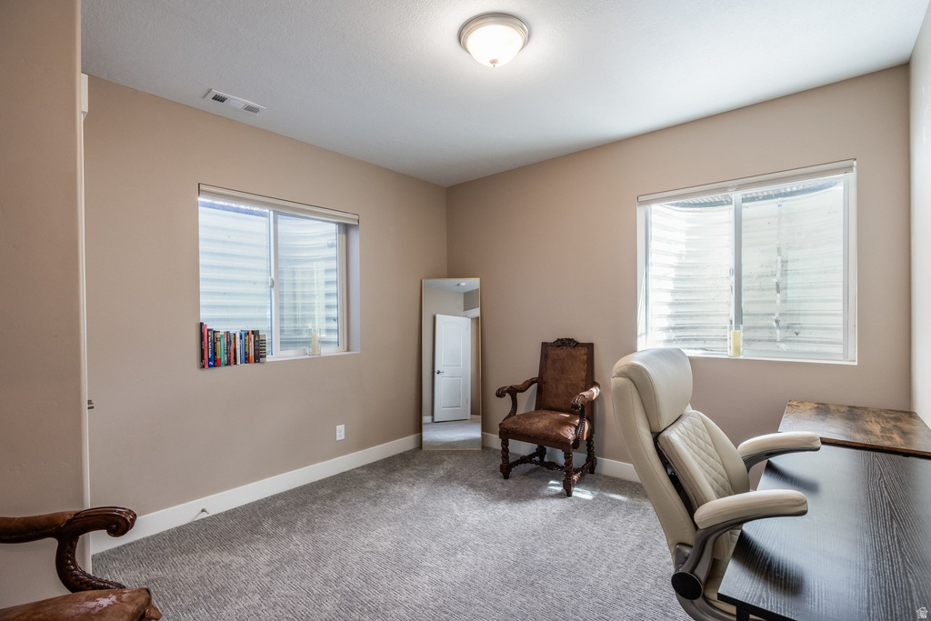 Office area featuring carpet and baseboards