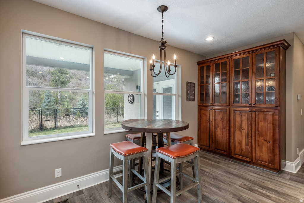 Dining room with dark wood-style floors and suspended lighting