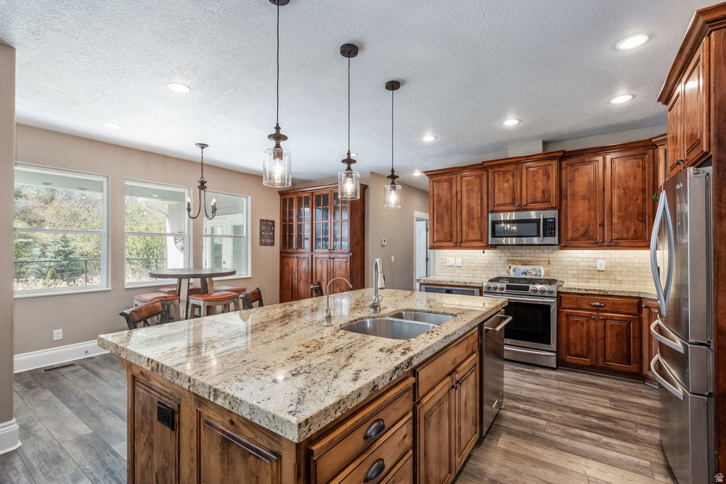 Kitchen featuring dark wood-style floors, stainless steel appliances, an island with sink, light stone counters, and tasteful backsplash