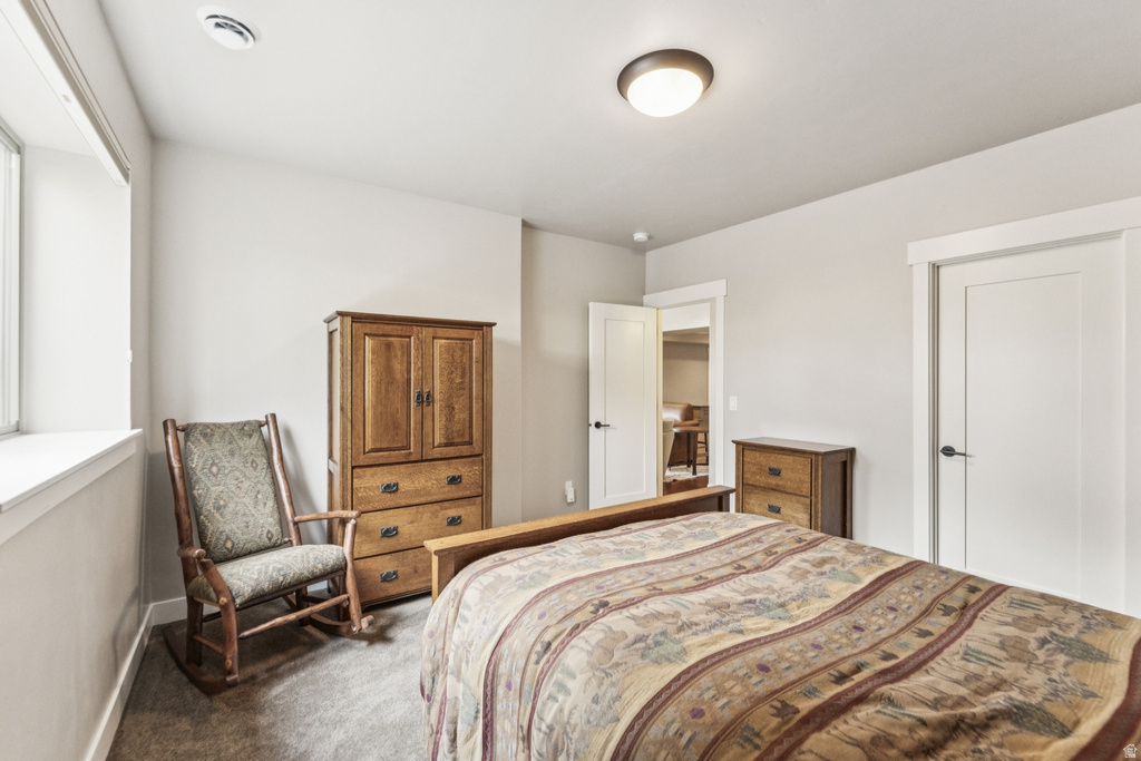 Bedroom with dark carpet