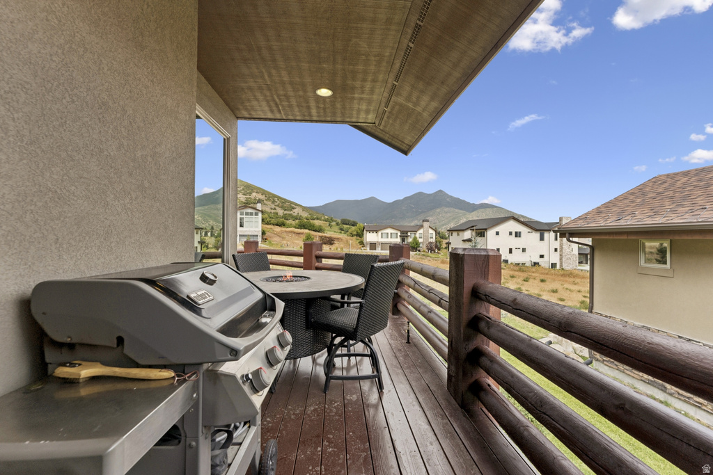Balcony featuring a grill, a mountain view, and a residential view
