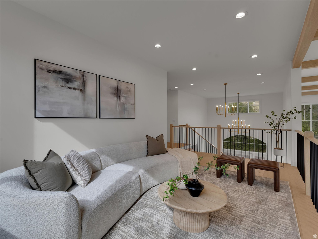 Living room featuring a chandelier