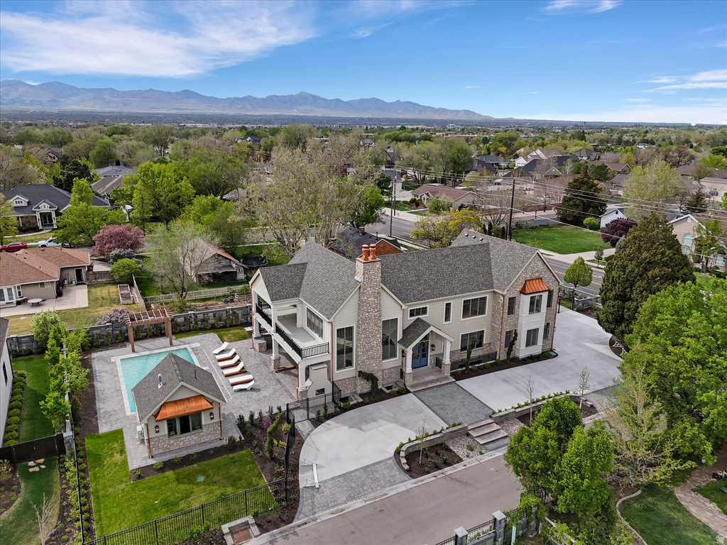Aerial perspective of suburban area featuring mountains