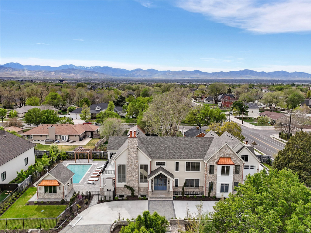 Aerial perspective of suburban area with mountains