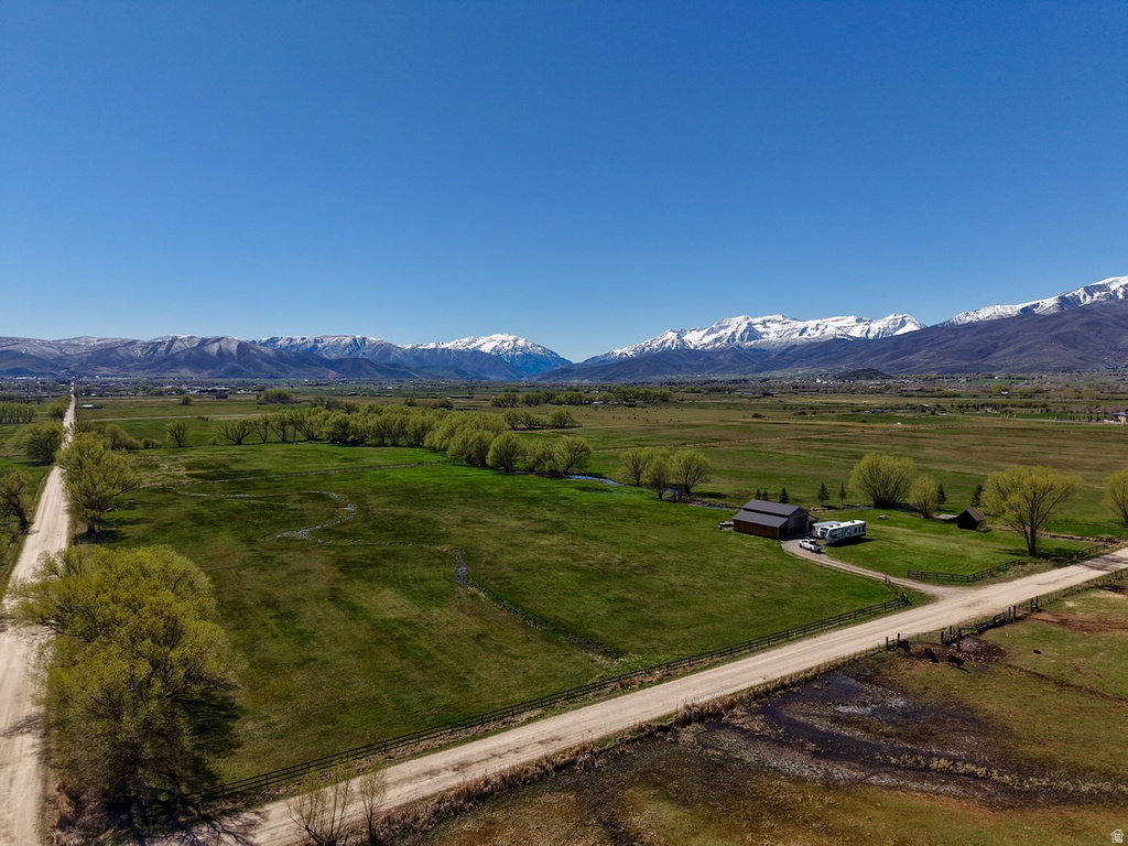 View of mountain background with rural landscape and agricultural land