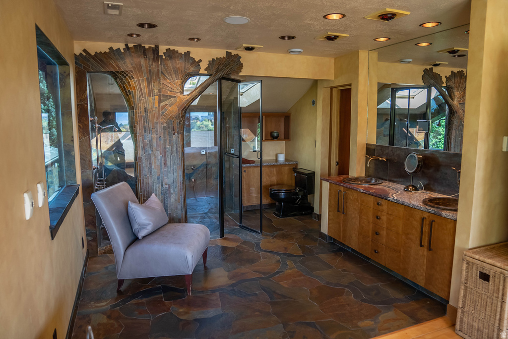 Artistic tree-inspired shower enclosure with glass panels